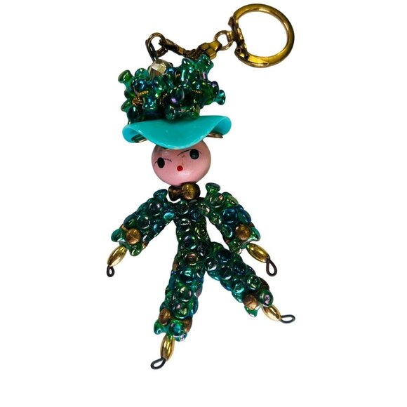 Vintage Beaded Doll Keychain With Green & Gold Accents 5" Length Cute & Quirky A - Picture 1 of 5